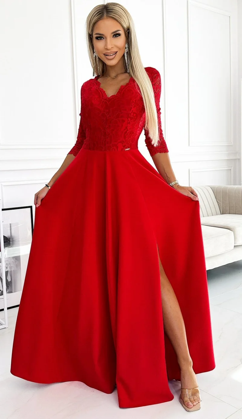 Rochie de seara eleganta rosie cu dantela cu maneca lunga Allegria