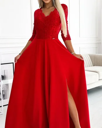 Rochie de seara eleganta rosie cu dantela cu maneca lunga Allegria