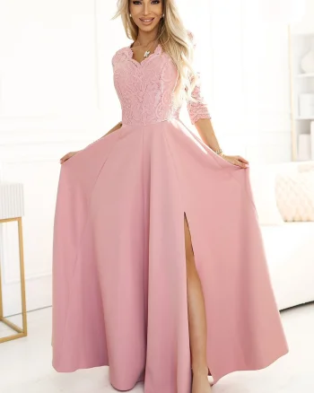 Rochie de seara eleganta roz pudra din dantela cu maneca lunga Allegria