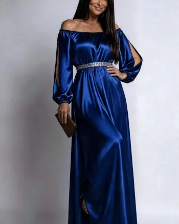 Rochie de seara lunga din satin albastra vaporoasa cu maneca lunga Larisa