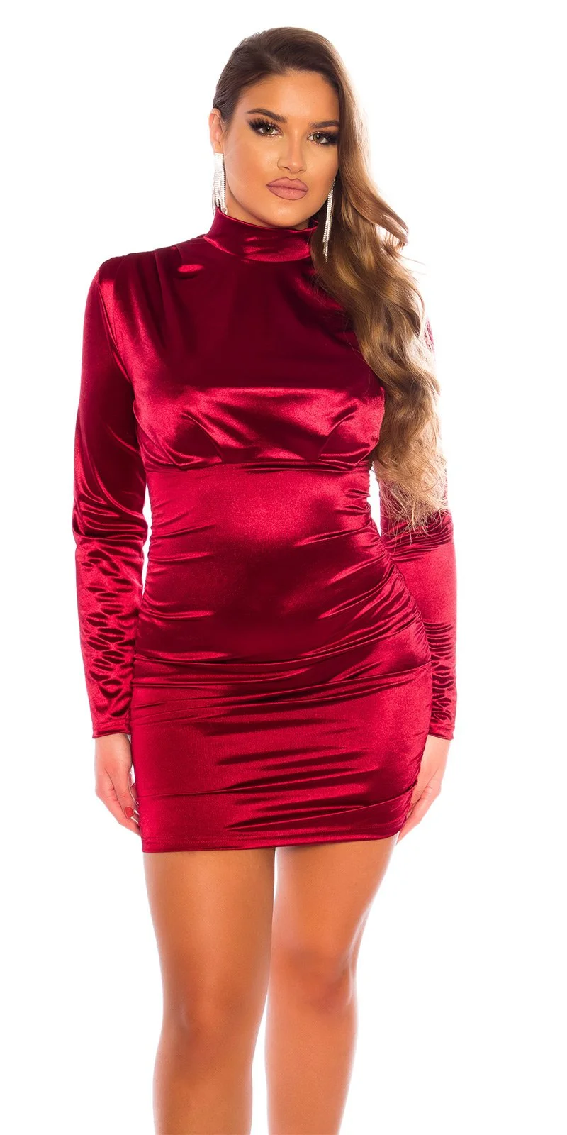 Rochie de seara scurta mulata din satin burgundy cu maneca lunga Evonne