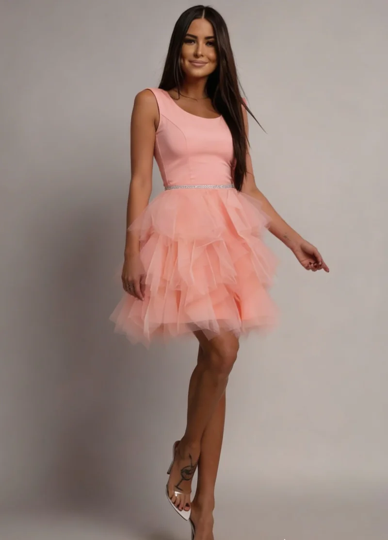 Rochie de seara scurta roz pal cu pene din tulle Sandra