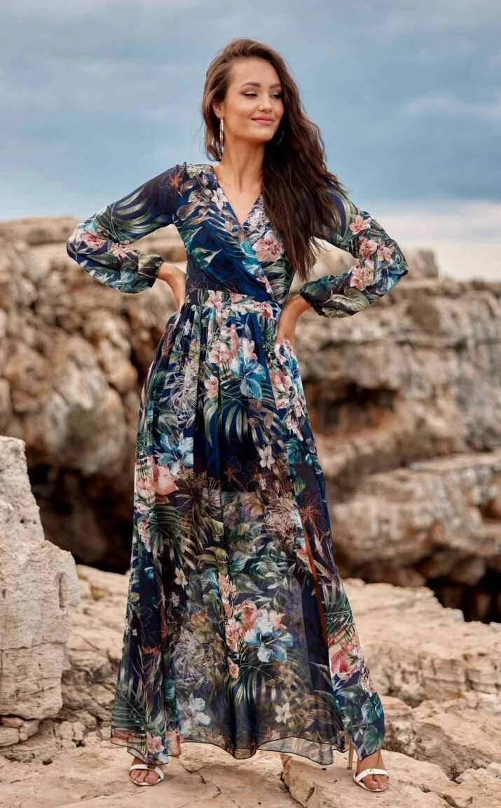 Rochie de vara lunga din voal bleumarin cu flori albastre si roz vaporoasa cu maneca lunga Anamaria