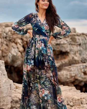 Rochie de vara lunga din voal bleumarin cu flori albastre si roz vaporoasa cu maneca lunga Anamaria