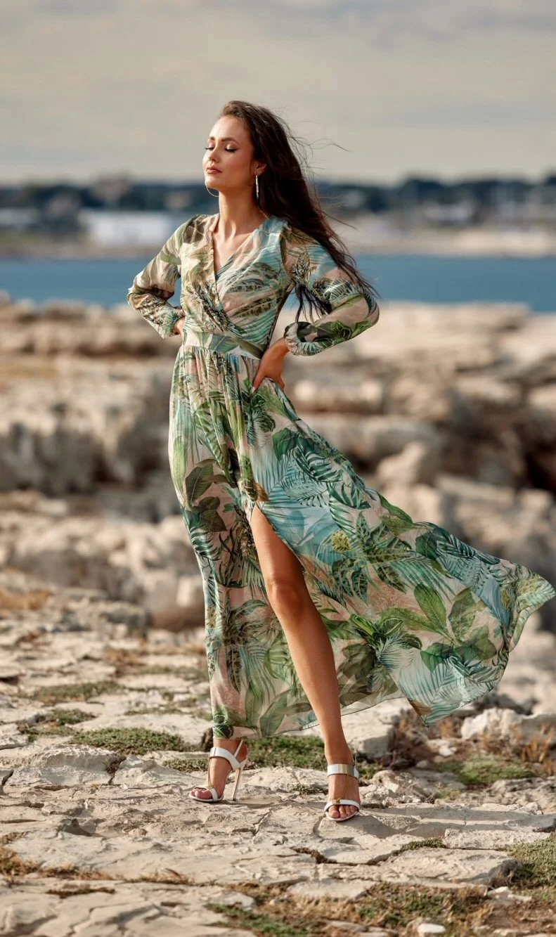 Rochie de vara lunga din voal kaki multicolor cu maneca lunga Anamaria