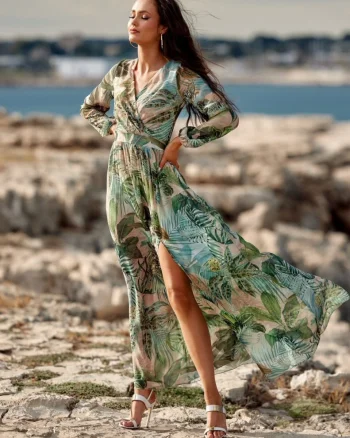 Rochie de vara lunga din voal kaki multicolor cu maneca lunga Anamaria