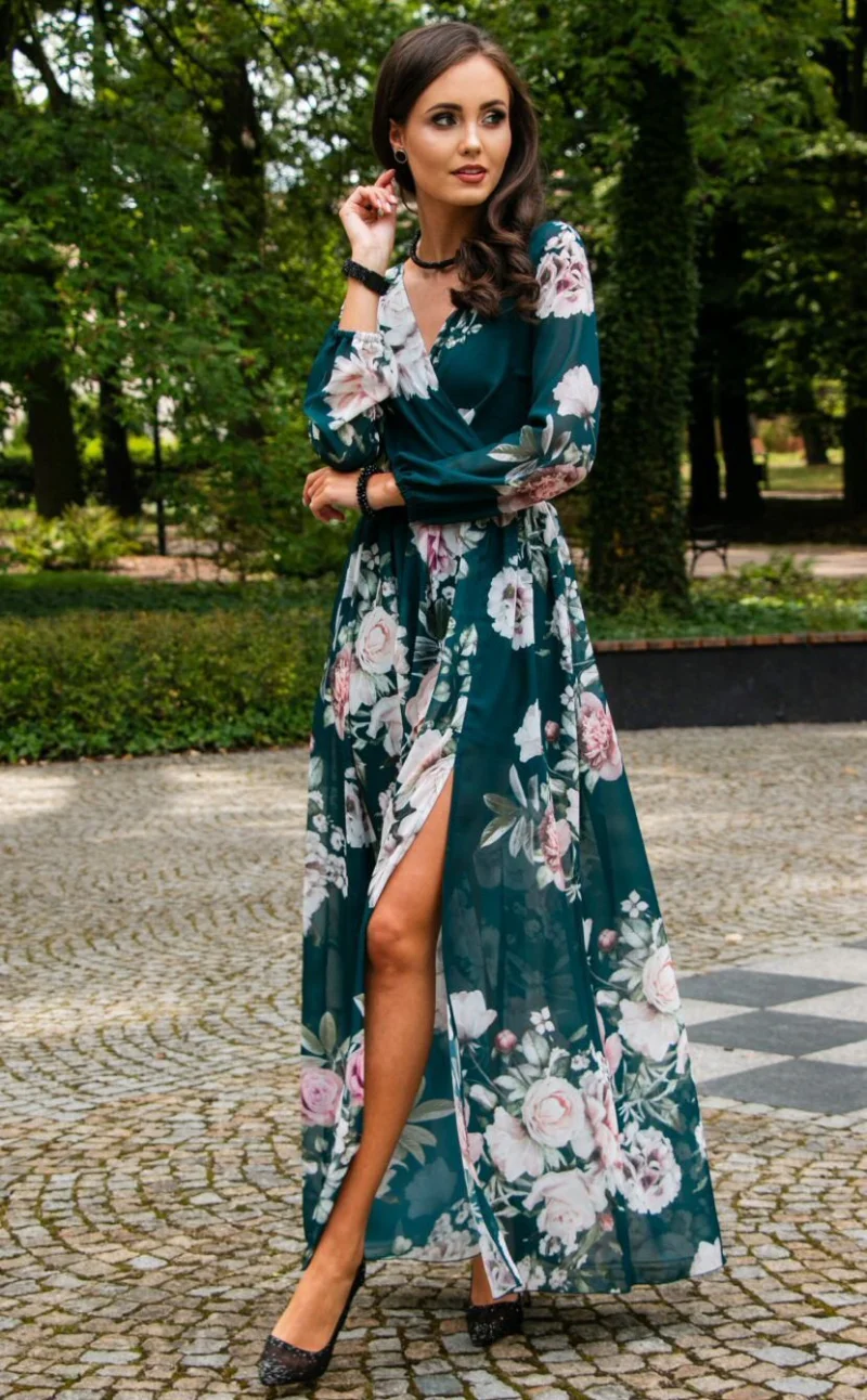 Rochie de vara lunga din voal verde smarald cu flori vaporoasa cu maneca lunga Anamaria