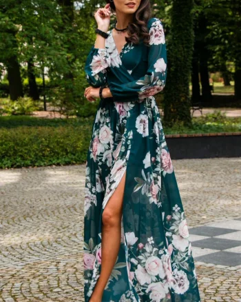 Rochie de vara lunga din voal verde smarald cu flori vaporoasa cu maneca lunga Anamaria