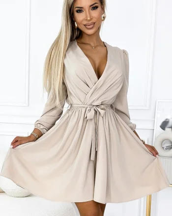 Rochie de zi scurta, bej, cu maneca lunga, petrecuta, vaporoasa, Aurora