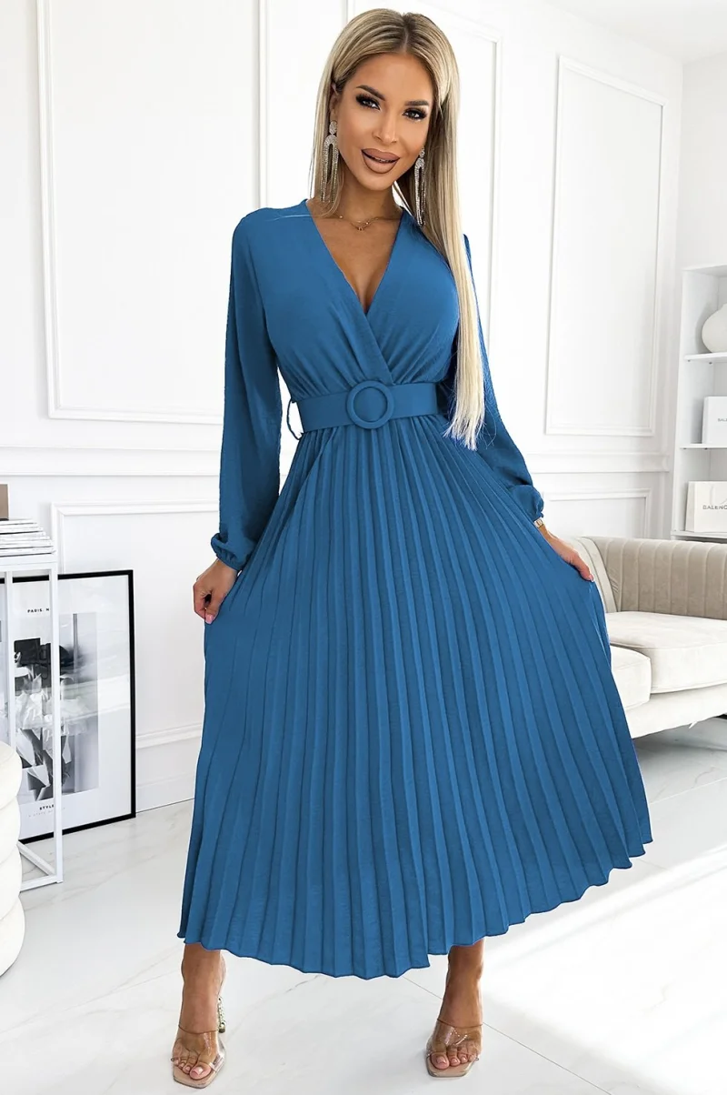 Rochie din voal blue sky plisata midi cu maneca lunga Viviana