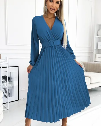 Rochie din voal blue sky plisata midi cu maneca lunga Viviana