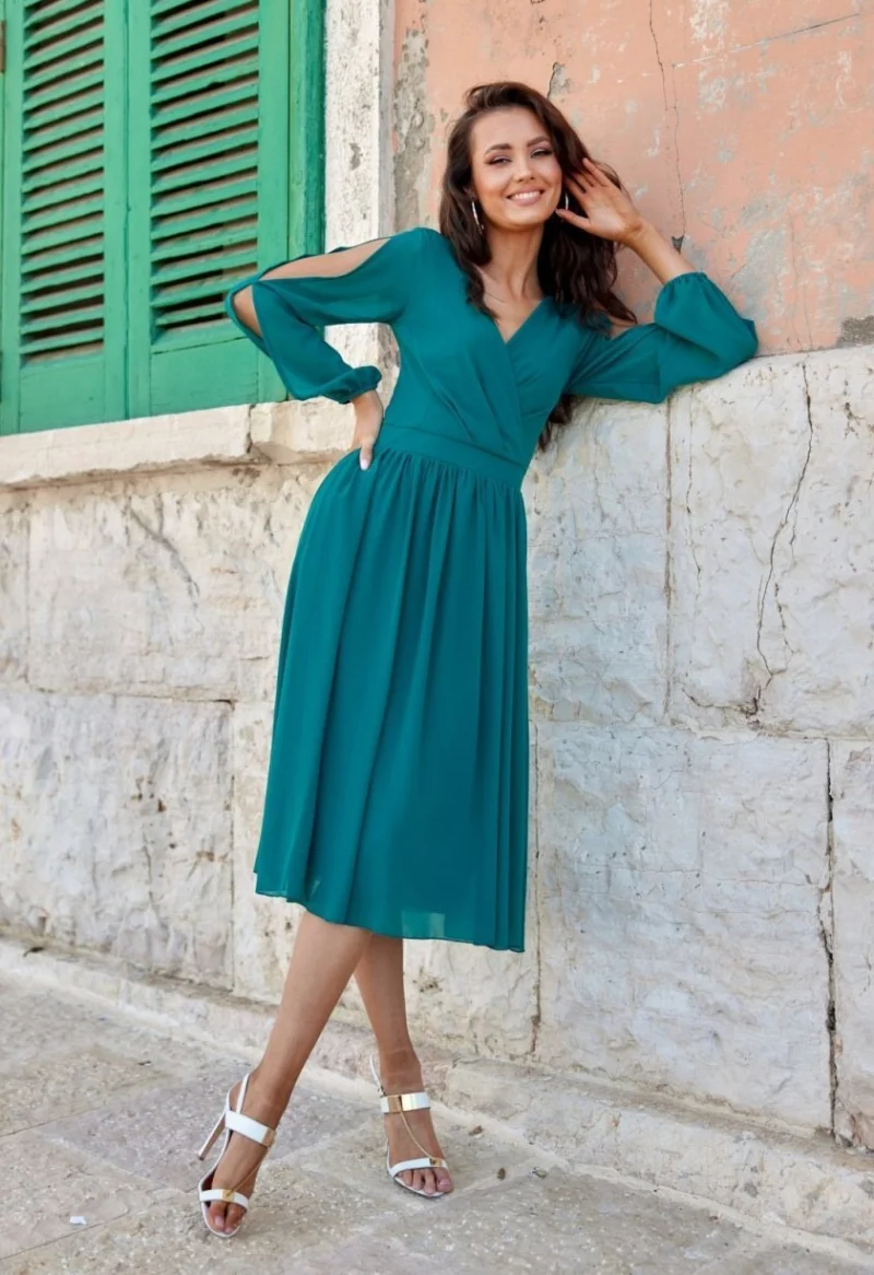 Rochie din voal verde turcoaz midi cu maneca lunga vaporoasa Melen