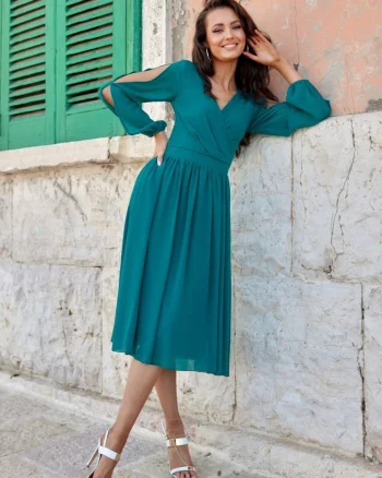 Rochie din voal verde turcoaz midi cu maneca lunga vaporoasa Melen