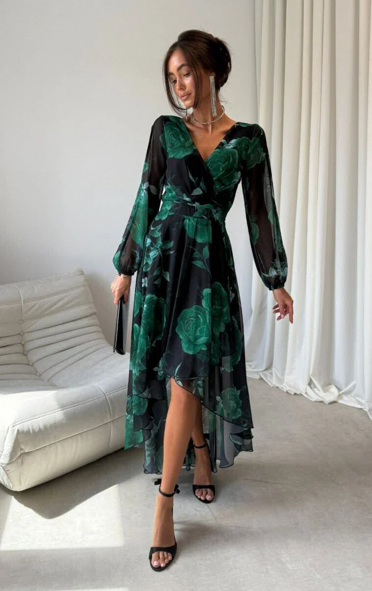 Rochie eleganta din voal verde lunga cu flori cu maneca lunga vaporoasa Sureya