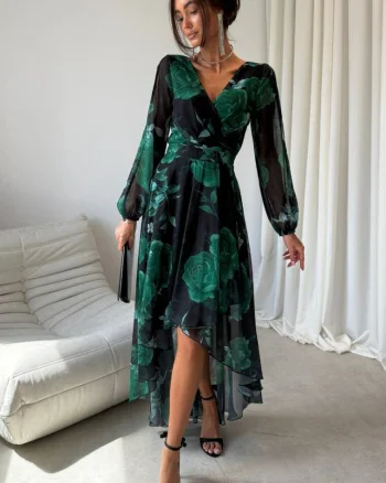 Rochie eleganta din voal verde lunga cu flori cu maneca lunga vaporoasa Sureya