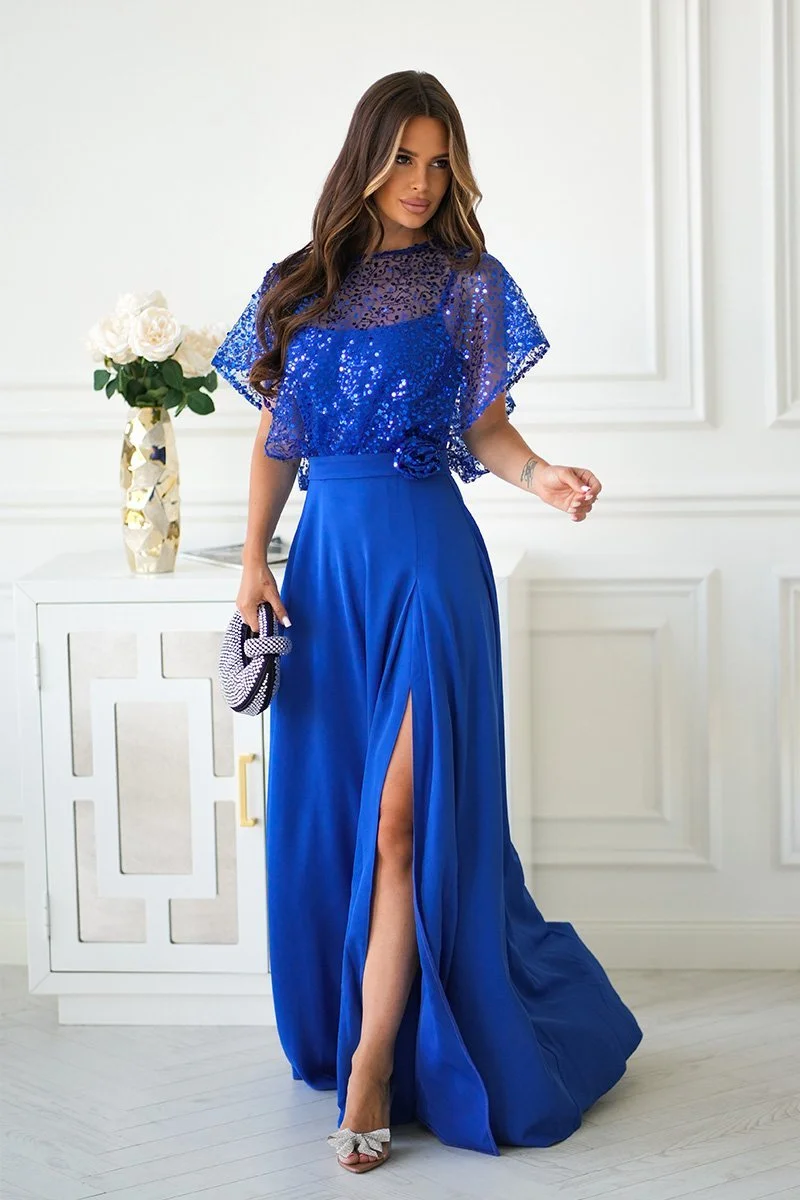 Rochie eleganta lunga albastra cu paiete pe bust vaporoasa Azaliya