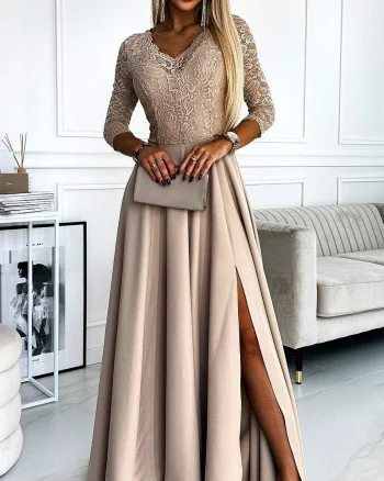 Rochie eleganta lunga bej cu bustul din dantela Allegria