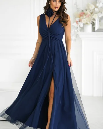 Rochie eleganta lunga bleumarin vaporoasa din tulle cu floare decorativa Dyandra