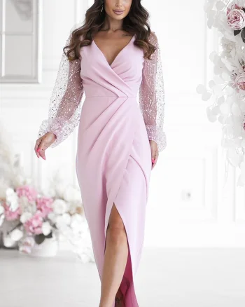 Rochie eleganta lunga cu paiete roz pastel cu maneca lunga petrecuta Deluxe