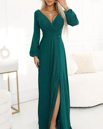 Rochie eleganta lunga din brocard verde cu maneca lunga Roselia