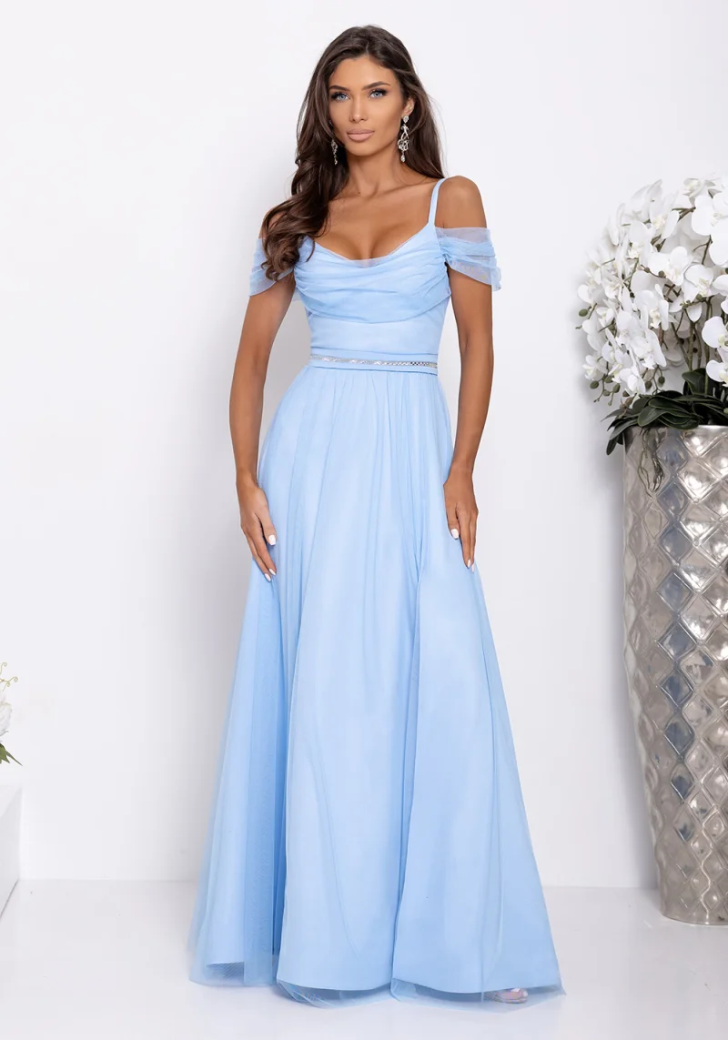 Rochie eleganta lunga din tulle baby blue cu umerii goi vaporoasa KiaraW