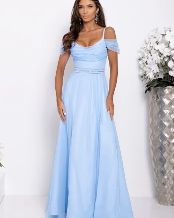 Rochie eleganta lunga din tulle baby blue cu umerii goi vaporoasa KiaraW