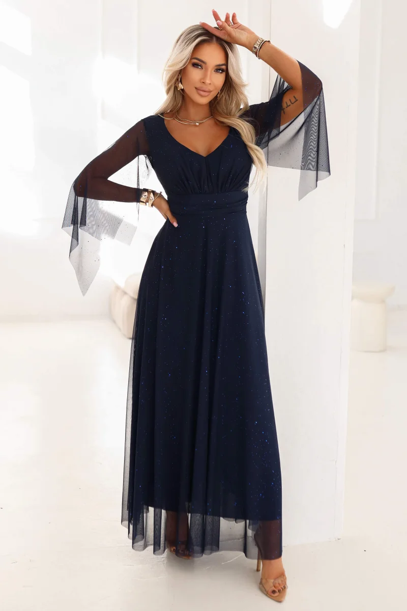 Rochie eleganta lunga din tulle bleumarin navy vaporoasa cu maneca lunga SheenyN