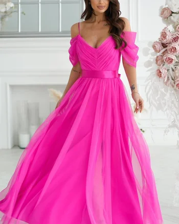 Rochie eleganta lunga din tulle roz fucsia vaporoasa cu umerii goi FloraY