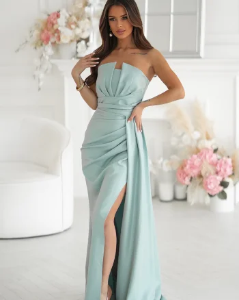Rochie eleganta lunga menta cu glitter mulata cu umeri goi Luxurious