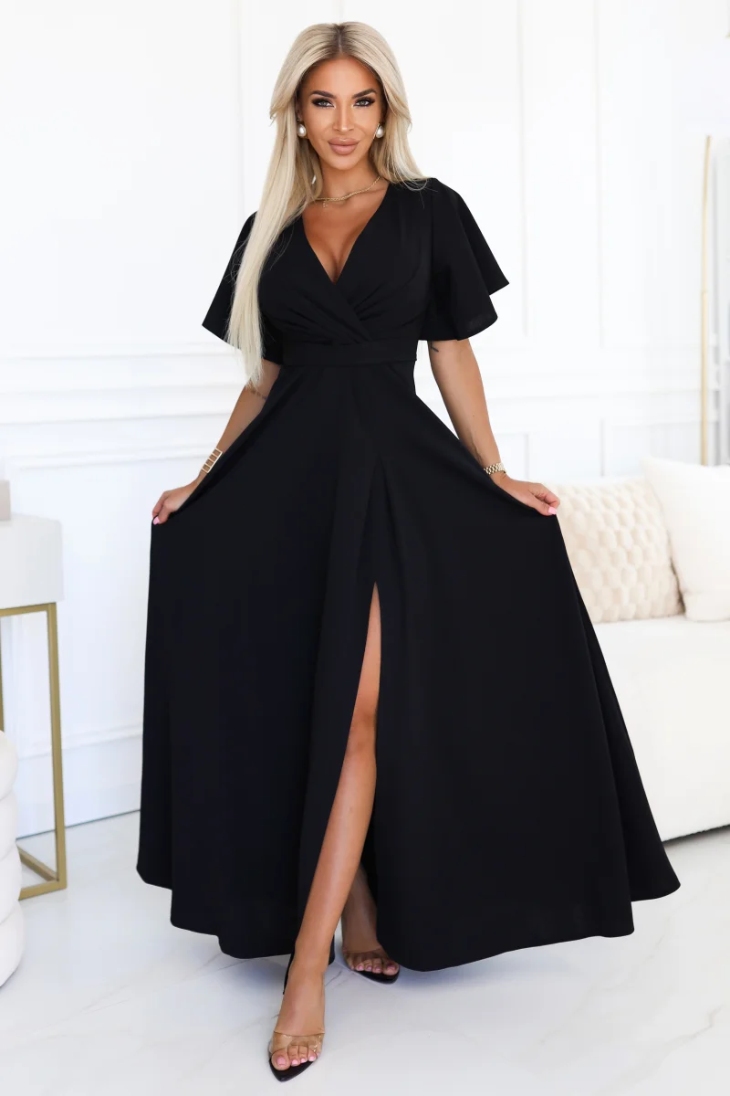 Rochie eleganta lunga neagra vaporoasa petrecuta Kasandra