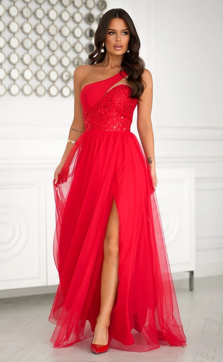 Rochie eleganta lunga rosie cu tulle si paiete Louanna