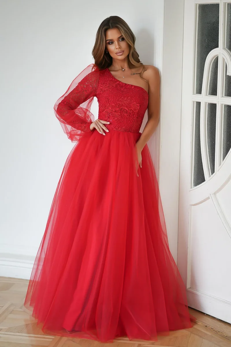 Rochie eleganta lunga rosie din tulle si dantela cu un umar gol si maneca lunga Azelle