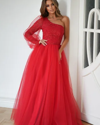 Rochie eleganta lunga rosie din tulle si dantela cu un umar gol si maneca lunga Azelle