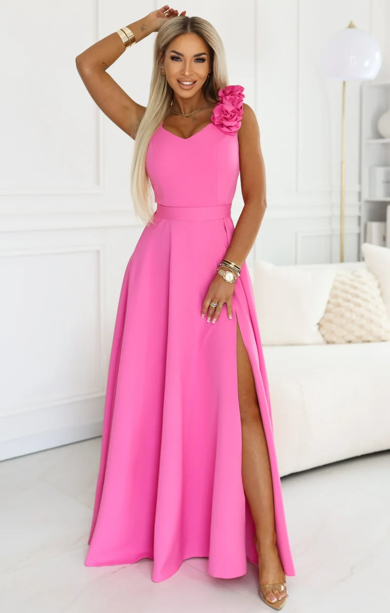 Rochie eleganta lunga roz bombon cu floare pe bust MoniqueW