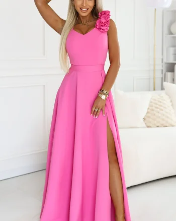 Rochie eleganta lunga roz bombon cu floare pe bust MoniqueW