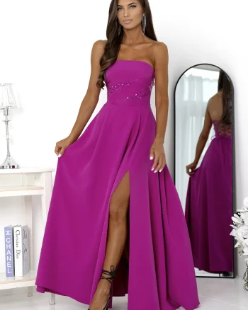 Rochie eleganta lunga roz magenta cu bust tip corset si umeri goi RossanaW