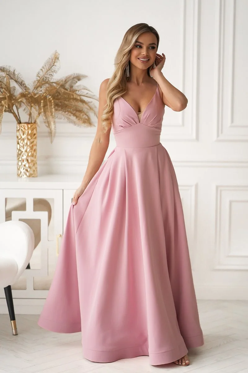 Rochie eleganta lunga roz pudra cu bust tip corset vaporoasa Jasmine