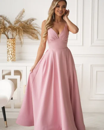 Rochie eleganta lunga roz pudra cu bust tip corset vaporoasa Jasmine