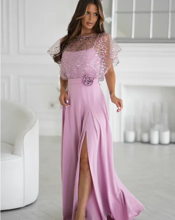 Rochie eleganta lunga roz pudra cu paiete pe bust vaporoasa Azaliya