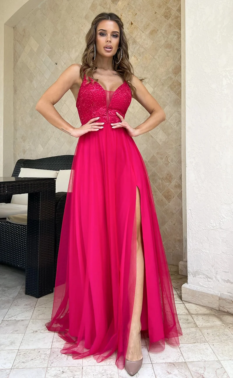 Rochie eleganta lunga roz zmeura din tulle si dantela vaporoasa Isadora