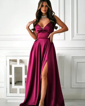 Rochie eleganta lunga satin burgundy cu bust tip corset Saphira