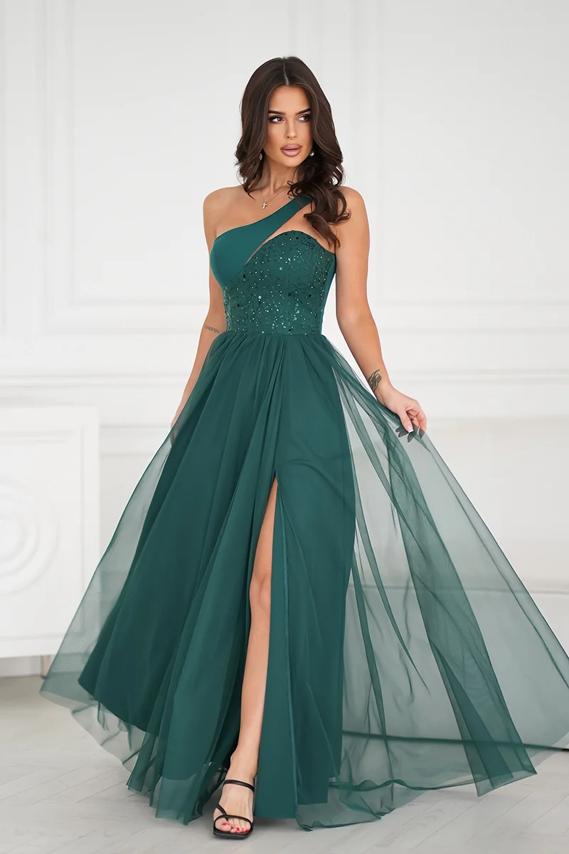 Rochie eleganta lunga verde cu tulle si paiete vaporoasa Louanna