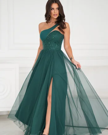 Rochie eleganta lunga verde cu tulle si paiete vaporoasa Louanna