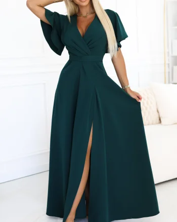 Rochie eleganta lunga verde smarald vaporoasa petrecuta Kasandra