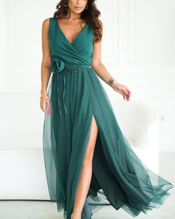 Rochie eleganta lunga verde vaporoasa din tulle cu floare decorativa Dyandra