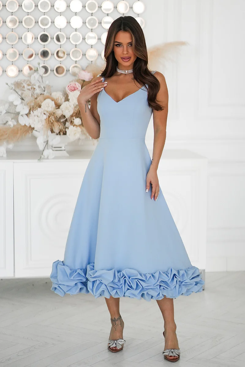 Rochie eleganta midi bleu cu volan tridimensional Jasmina