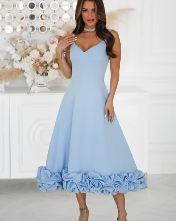 Rochie eleganta midi bleu cu volan tridimensional Jasmina
