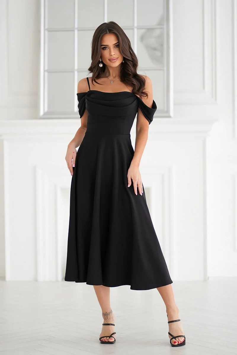 Rochie eleganta midi neagra baby doll cu umerii goi evazata Anelisa