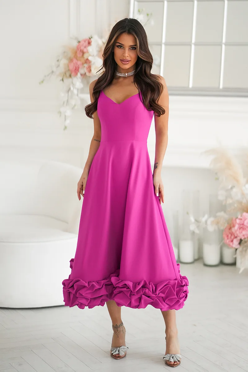 Rochie eleganta midi roz fucsia cu volan tridimensional Jasmina