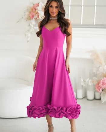 Rochie eleganta midi roz fucsia cu volan tridimensional Jasmina
